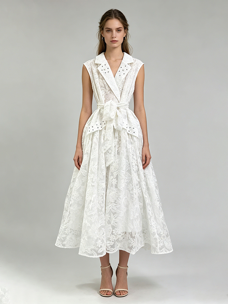 TWOTWINSTYLE Sleeveless Lapel Spliced Embroidered Flares Lace Fashion Dress