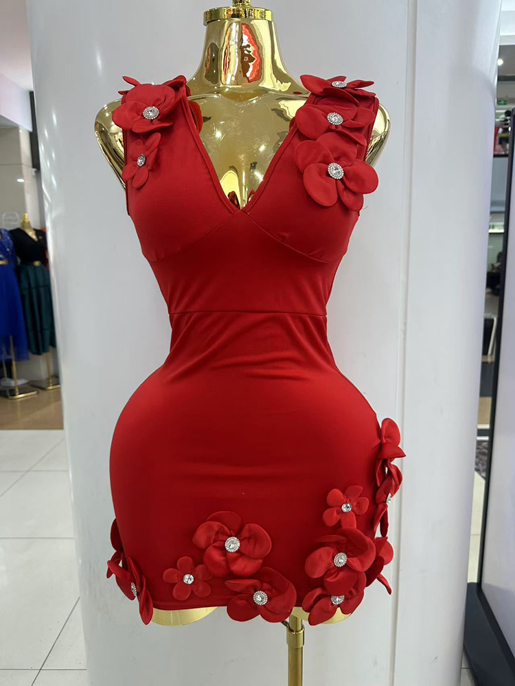 TWOTWINSTYLE Sleeveless Patchwork 3D Flower High Waist Elegant Dress