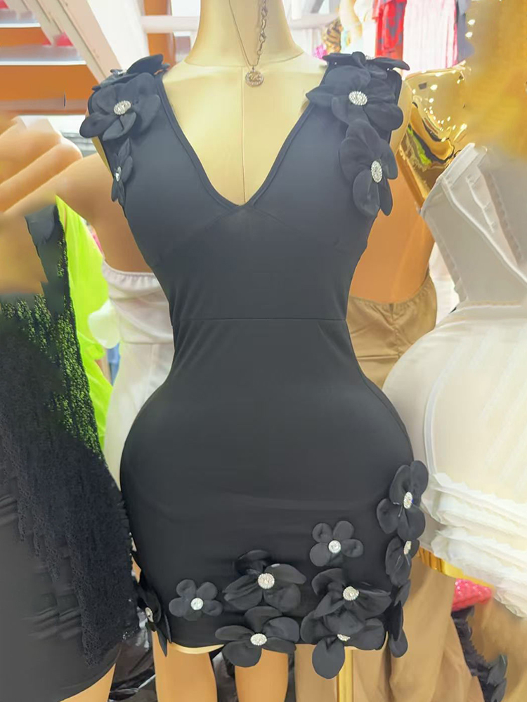 TWOTWINSTYLE Sleeveless Patchwork 3D Flower High Waist Elegant Dress
