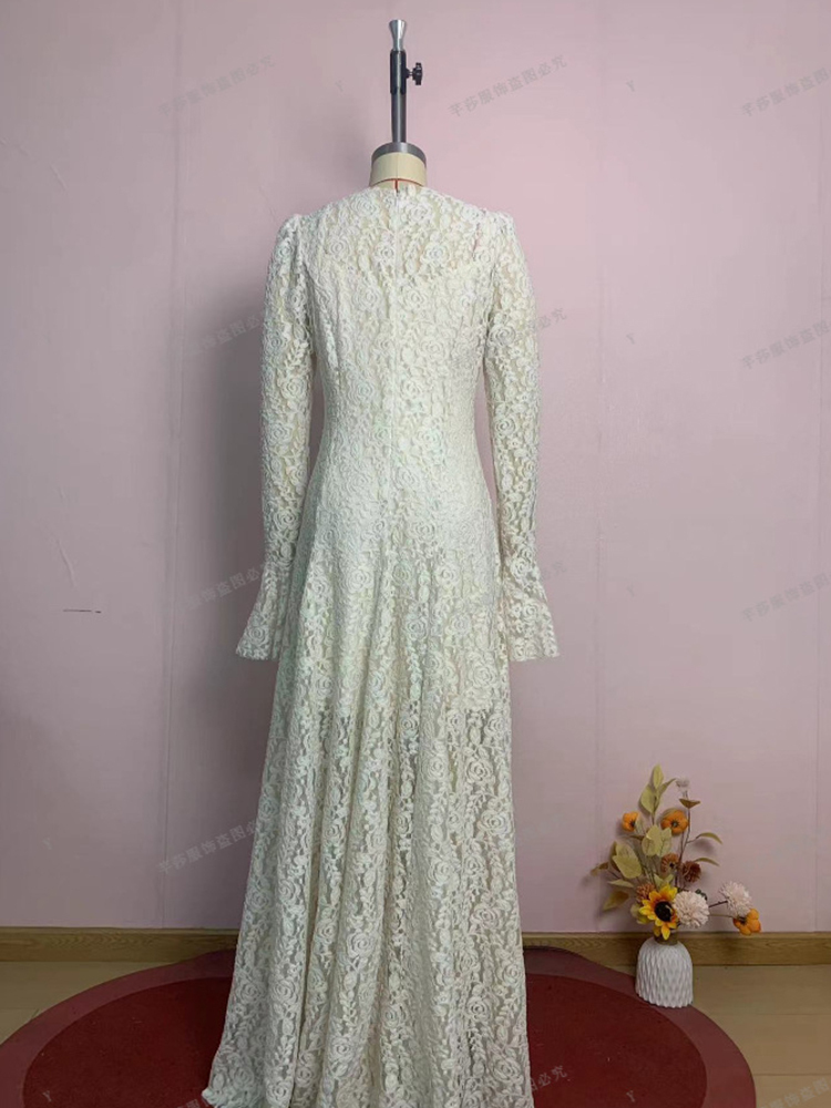 TWOTWINSTYLE Solid Stand Collar Flare Sleeves Lace Vintage Midi Dress