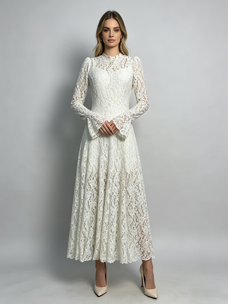 TWOTWINSTYLE Solid Stand Collar Flare Sleeves Lace Vintage Midi Dress