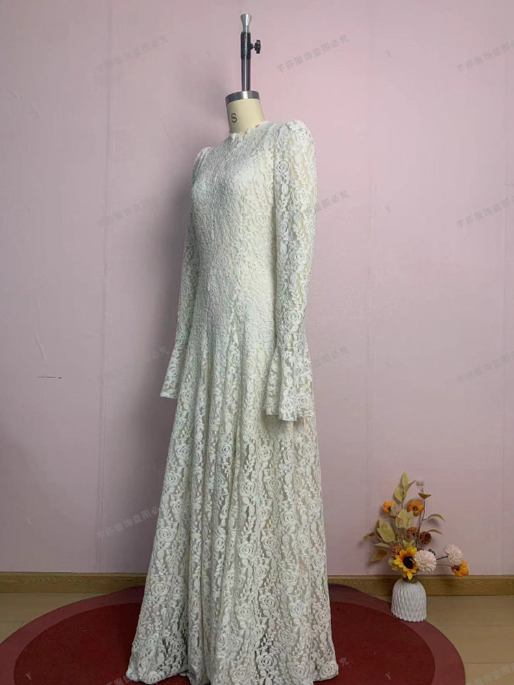 TWOTWINSTYLE Solid Stand Collar Flare Sleeves Lace Vintage Midi Dress