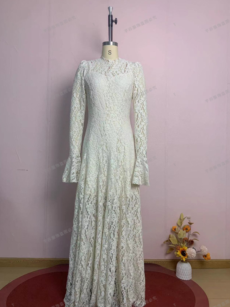 TWOTWINSTYLE Solid Stand Collar Flare Sleeves Lace Vintage Midi Dress