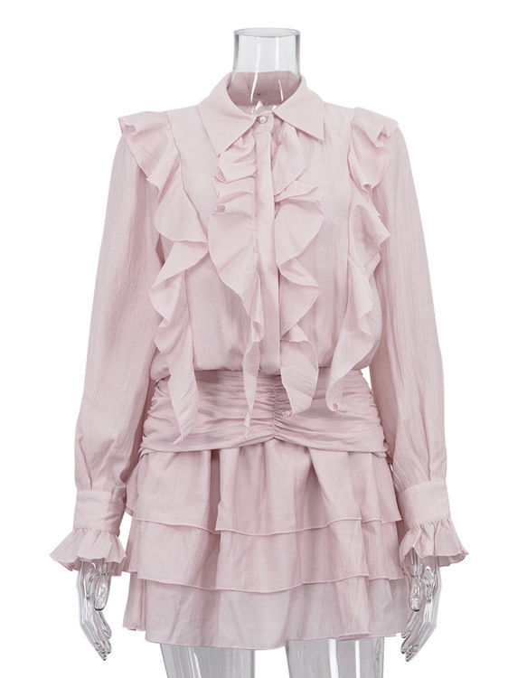 TWOTWINSTYLE Lapel Bell Sleeve Spliced Ruffles Tunic Elegant Dress