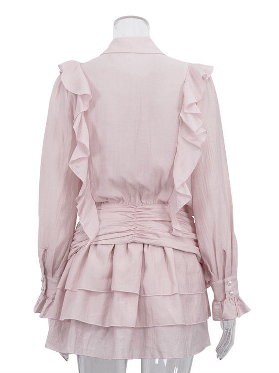 TWOTWINSTYLE Lapel Bell Sleeve Spliced Ruffles Tunic Elegant Dress