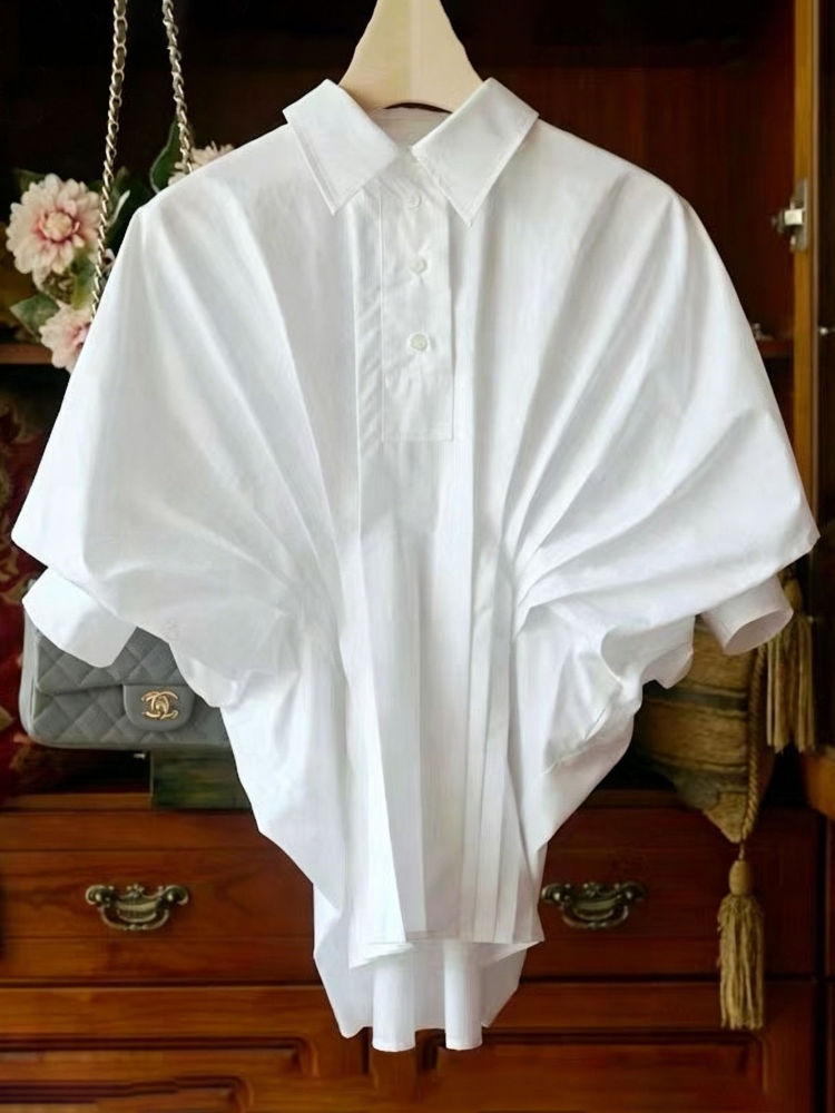 TWOTWINSTYLE Lapel Short Sleeve Pleated Tunic Casual Shirt