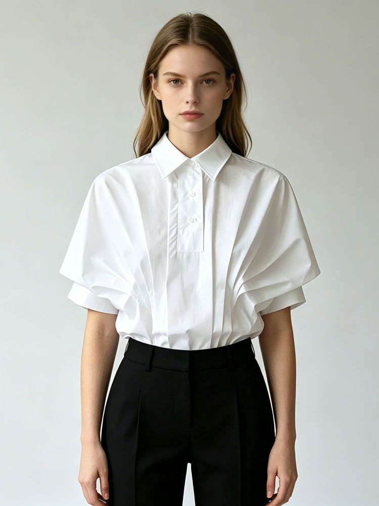 TWOTWINSTYLE Lapel Short Sleeve Pleated Tunic Casual Shirt