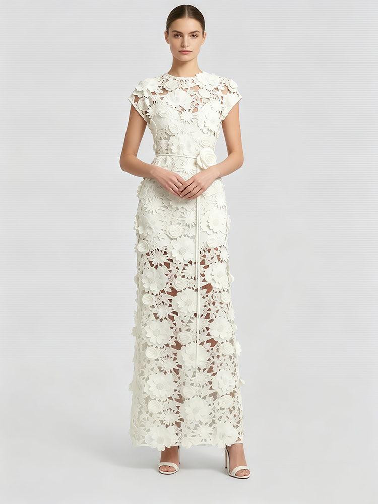 TWOTWINSTYLE Round Neck Patchwork Flower Lace Elegant Maxi Dress