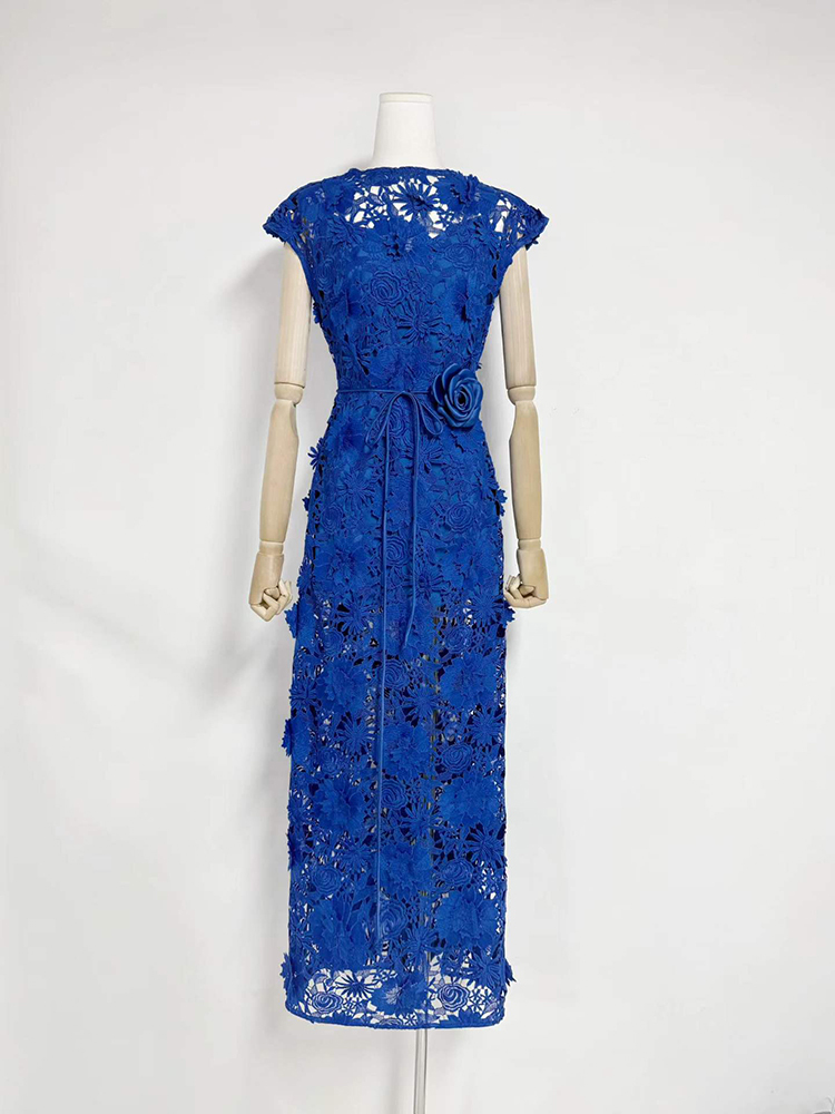 TWOTWINSTYLE Round Neck Patchwork Flower Lace Elegant Maxi Dress