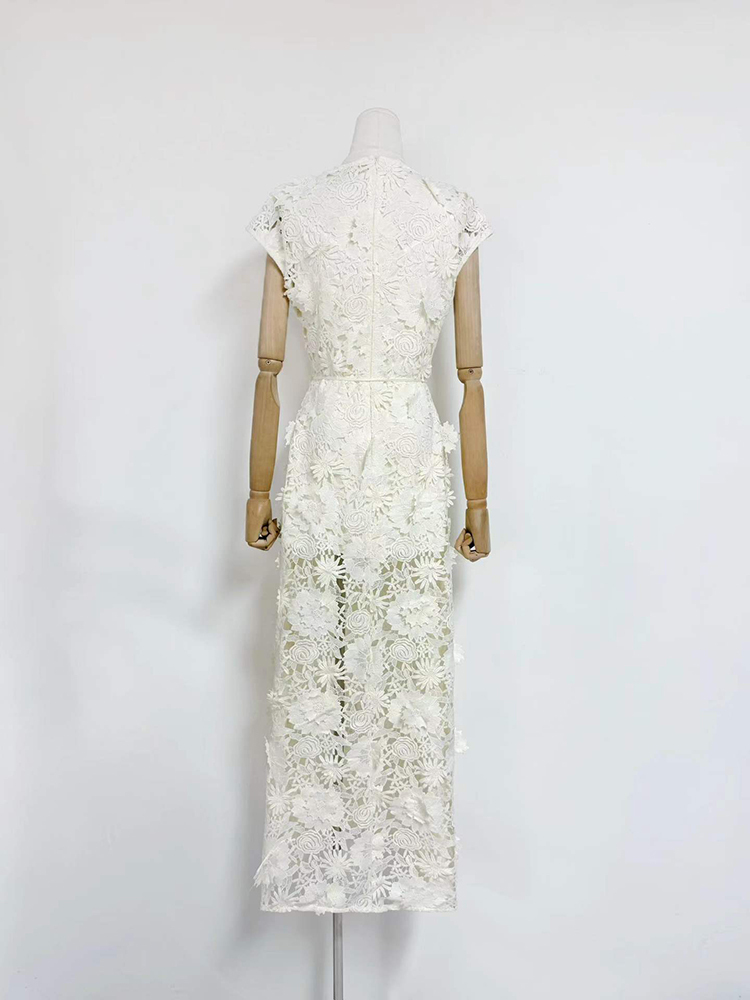 TWOTWINSTYLE Round Neck Patchwork Flower Lace Elegant Maxi Dress