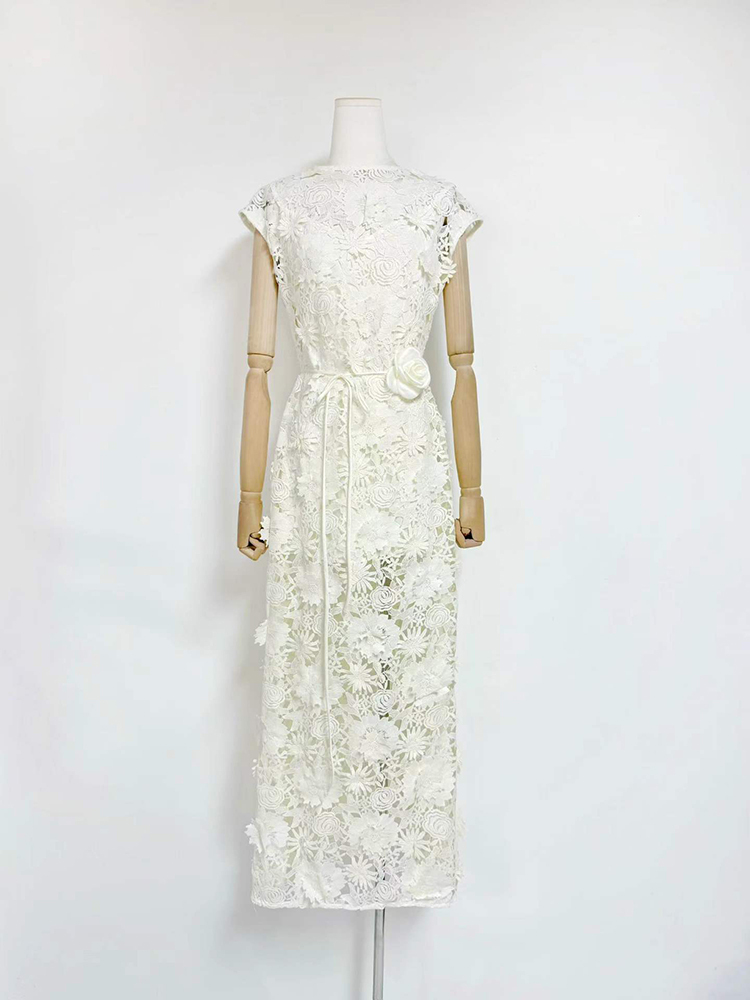TWOTWINSTYLE Round Neck Patchwork Flower Lace Elegant Maxi Dress