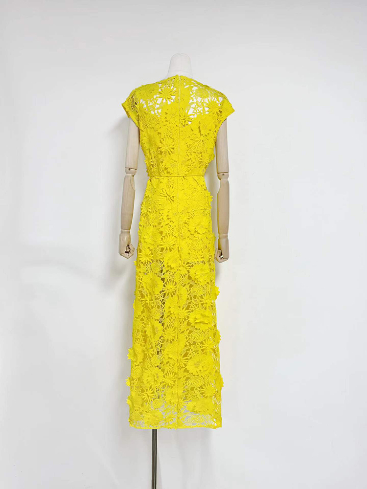 TWOTWINSTYLE Round Neck Patchwork Flower Lace Elegant Maxi Dress