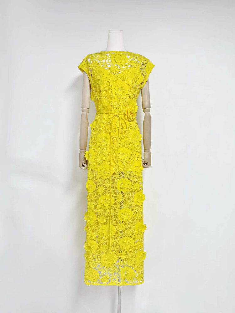 TWOTWINSTYLE Round Neck Patchwork Flower Lace Elegant Maxi Dress