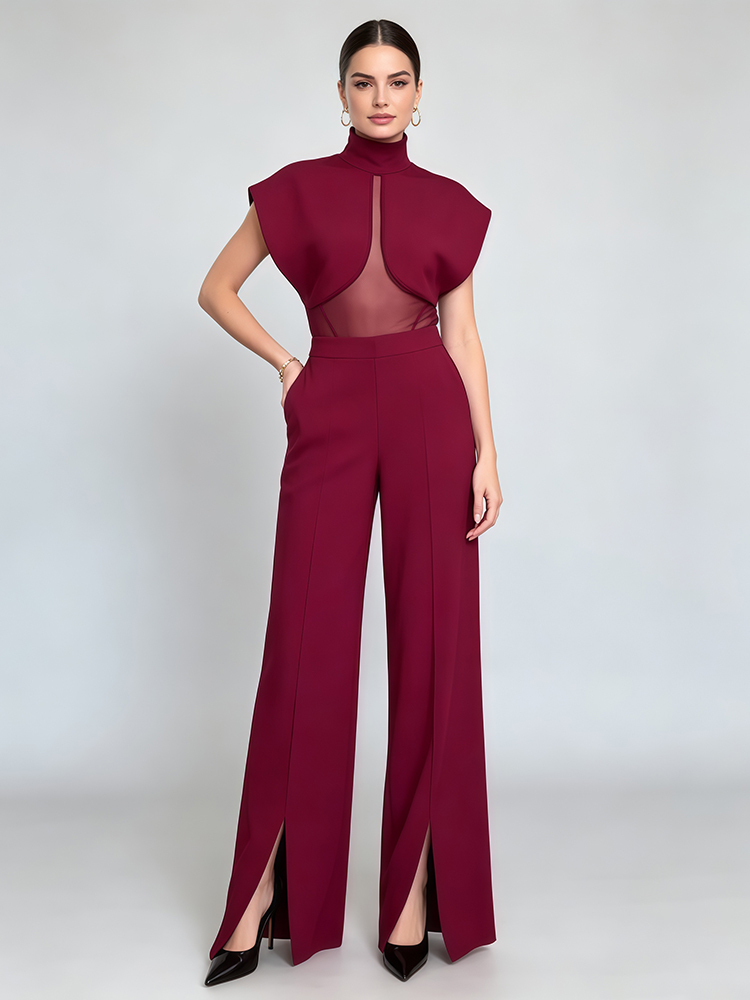 TWOTWINSTYLE Solid Cape Sleeves Spliced Mesh Top High Waist Wide Leg Pans Chic Set