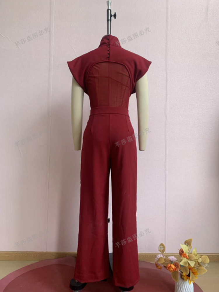 TWOTWINSTYLE Solid Cape Sleeves Spliced Mesh Top High Waist Wide Leg Pans Chic Set