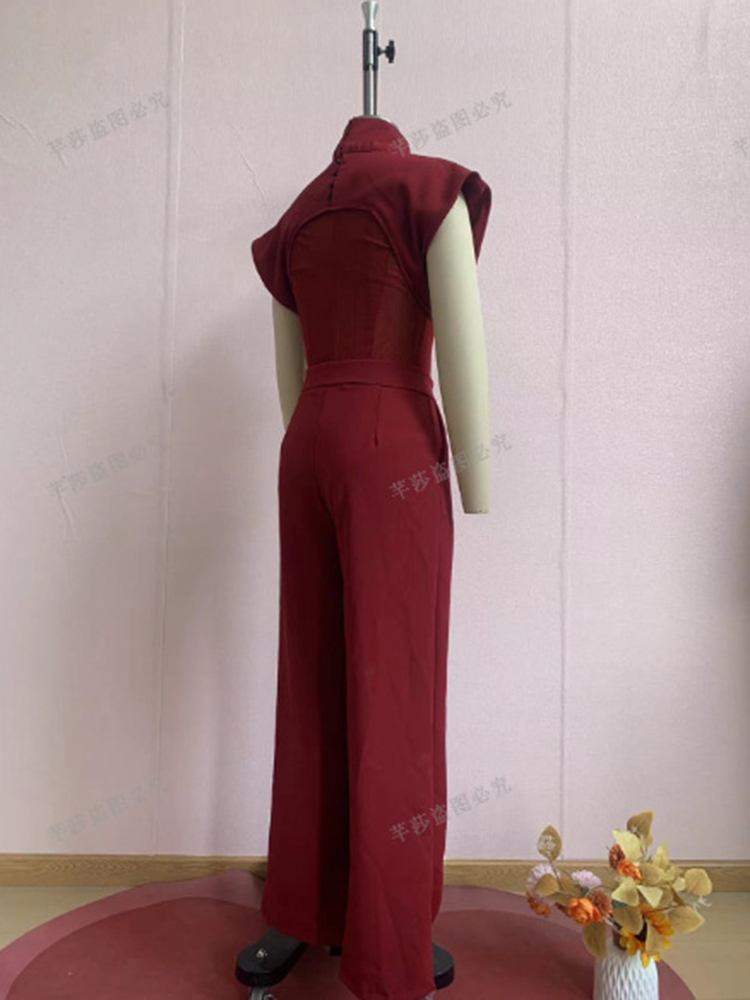 TWOTWINSTYLE Solid Cape Sleeves Spliced Mesh Top High Waist Wide Leg Pans Chic Set