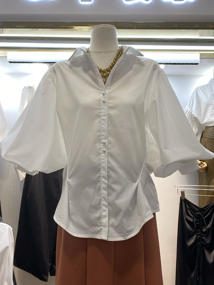 TWOTWINSTYLE Solid Lapel Puff-Sleeves Tunic Minimalist Blouse