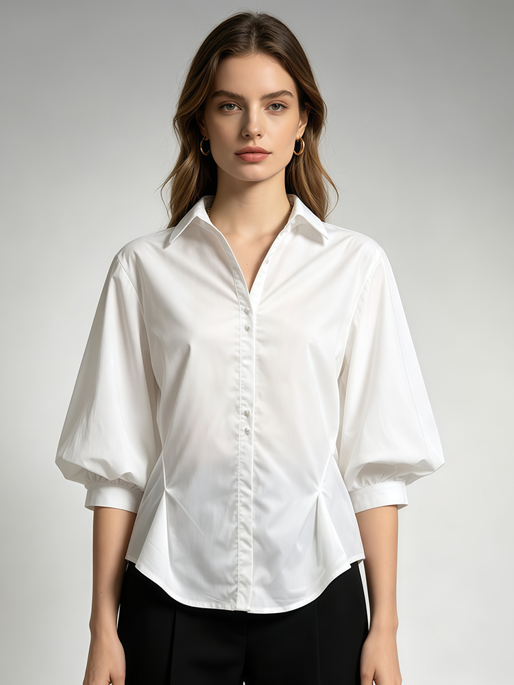 TWOTWINSTYLE Solid Lapel Puff-Sleeves Tunic Minimalist Blouse