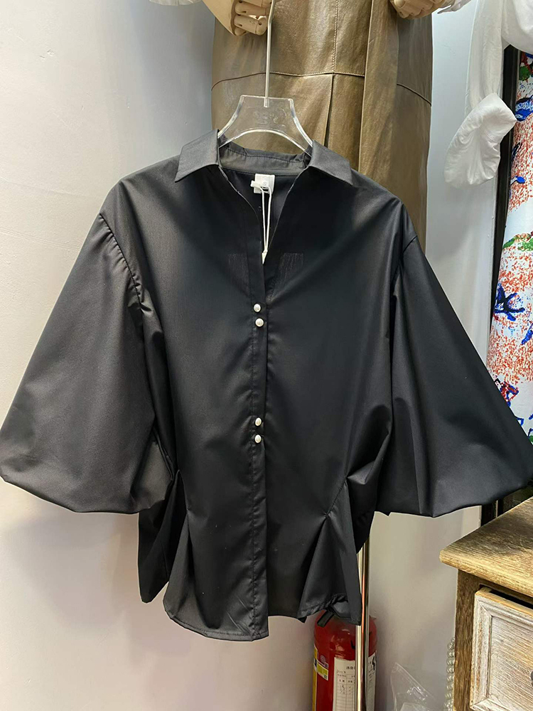 TWOTWINSTYLE Solid Lapel Puff-Sleeves Tunic Minimalist Blouse