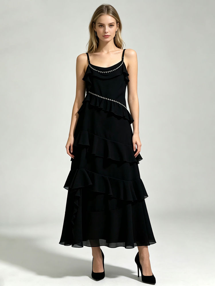 TWOTWINSTYLE Solid Spliced Ruffles Diamond Designer Camisole Dress