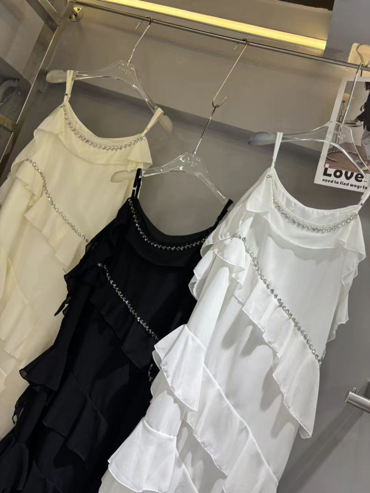 TWOTWINSTYLE Solid Spliced Ruffles Diamond Designer Camisole Dress