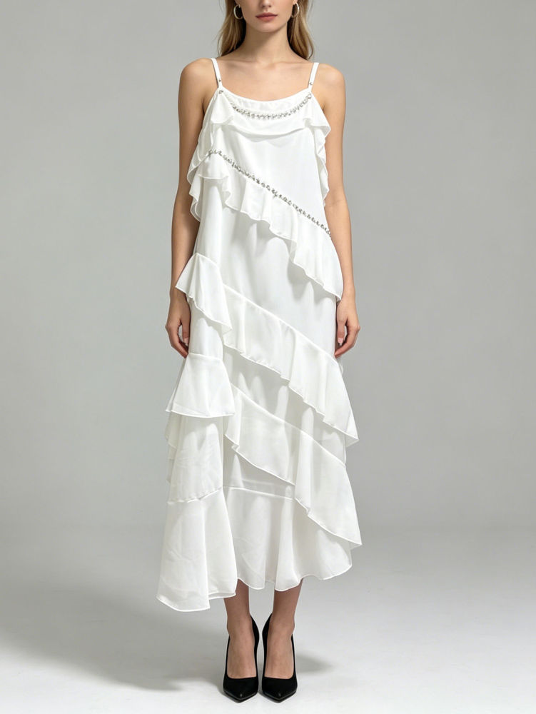 TWOTWINSTYLE Solid Spliced Ruffles Diamond Designer Camisole Dress