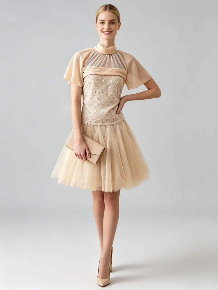 TWOTWINSTYLE Stand Collar Patchwork Mesh Diamond Fashion Dress