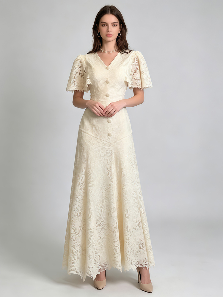 TWOTWINSTYLE V Neck Short Sleeves Single-Breasted Spliced Lace Vintage Dress