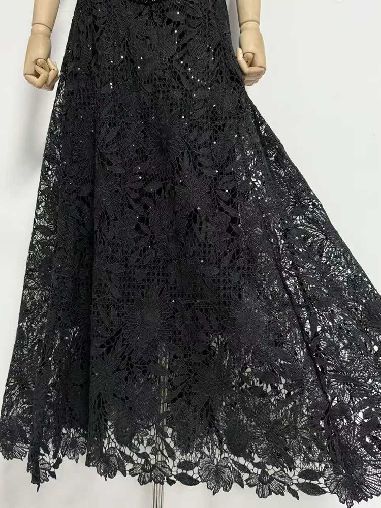 TWOTWINSTYLE V Neck Short Sleeves Single-Breasted Spliced Lace Vintage Dress