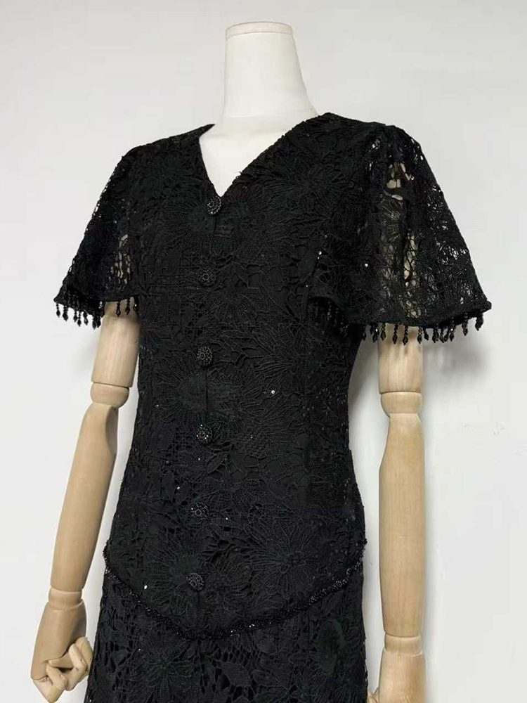 TWOTWINSTYLE V Neck Short Sleeves Single-Breasted Spliced Lace Vintage Dress