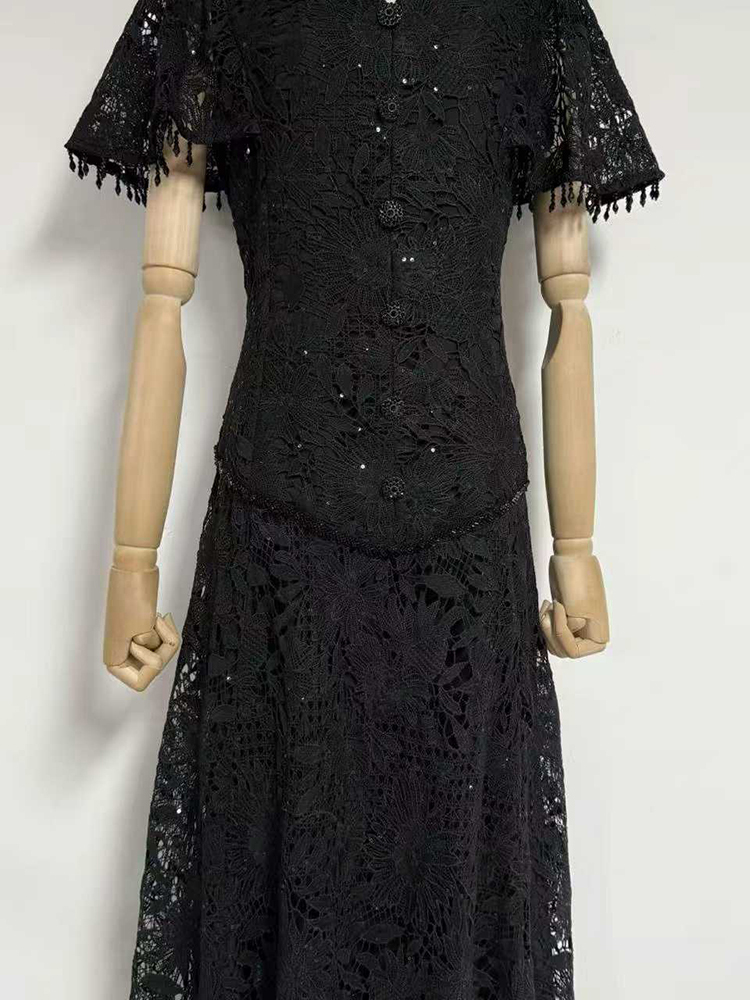 TWOTWINSTYLE V Neck Short Sleeves Single-Breasted Spliced Lace Vintage Dress