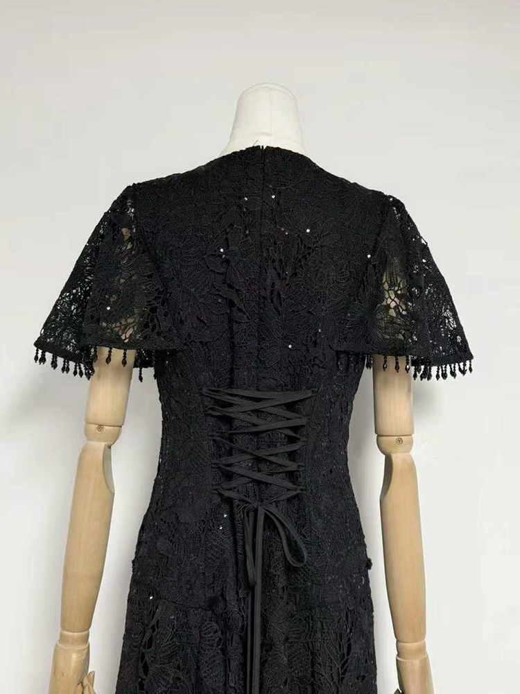 TWOTWINSTYLE V Neck Short Sleeves Single-Breasted Spliced Lace Vintage Dress