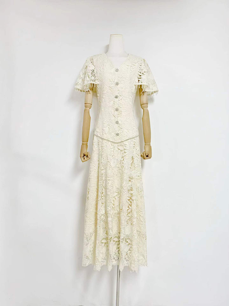 TWOTWINSTYLE V Neck Short Sleeves Single-Breasted Spliced Lace Vintage Dress