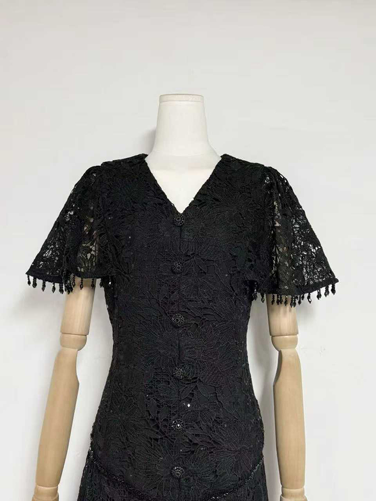 TWOTWINSTYLE V Neck Short Sleeves Single-Breasted Spliced Lace Vintage Dress