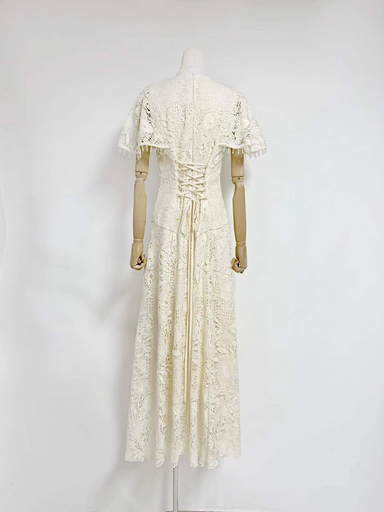 TWOTWINSTYLE V Neck Short Sleeves Single-Breasted Spliced Lace Vintage Dress