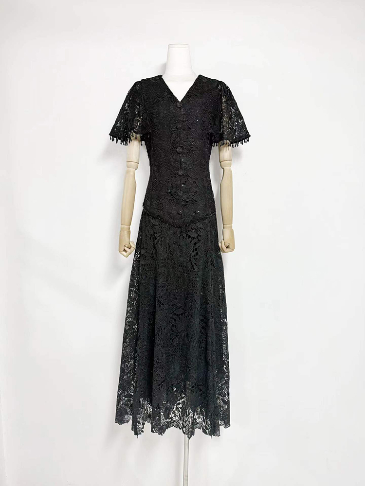 TWOTWINSTYLE V Neck Short Sleeves Single-Breasted Spliced Lace Vintage Dress