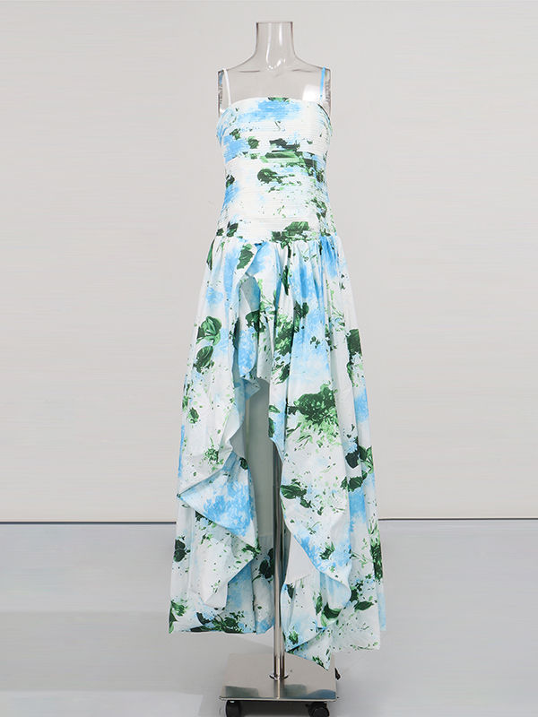 TWOTWINSTYLE Patchwork Strap Print Ruched Long Dress