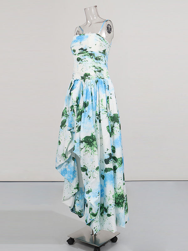 TWOTWINSTYLE Patchwork Strap Print Ruched Long Dress