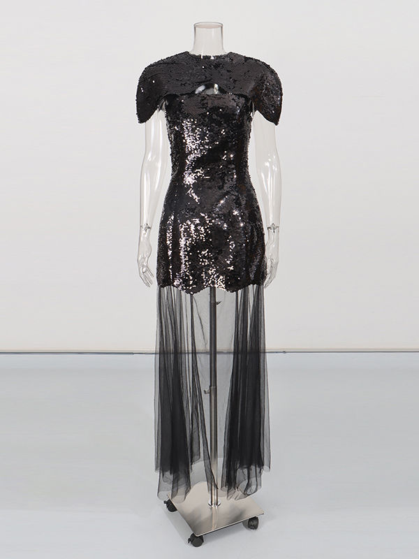 TWOTWINSTYLE Solid Cape Sleeve Tunic Spliced Mesh Maxi Dress