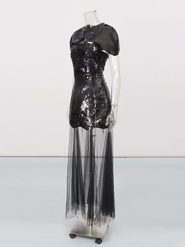 TWOTWINSTYLE Solid Cape Sleeve Tunic Spliced Mesh Maxi Dress