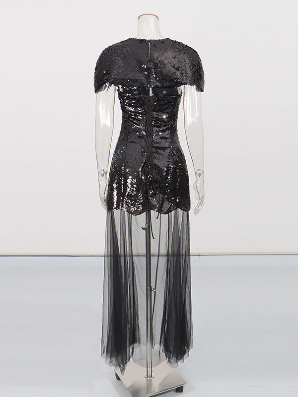 TWOTWINSTYLE Solid Cape Sleeve Tunic Spliced Mesh Maxi Dress