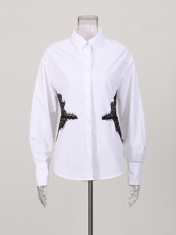 TWOTWINSTYLE Lapel Colorblock Spliced Lace Temperament Shirt