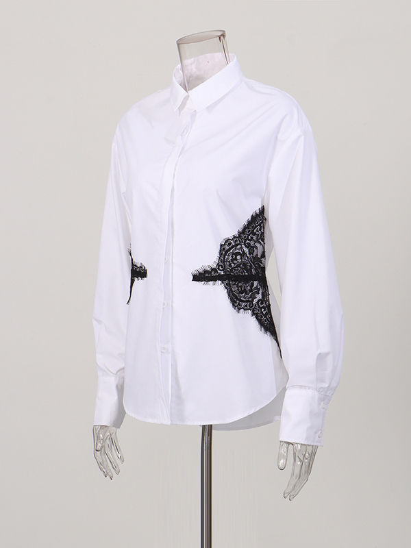 TWOTWINSTYLE Lapel Colorblock Spliced Lace Temperament Shirt