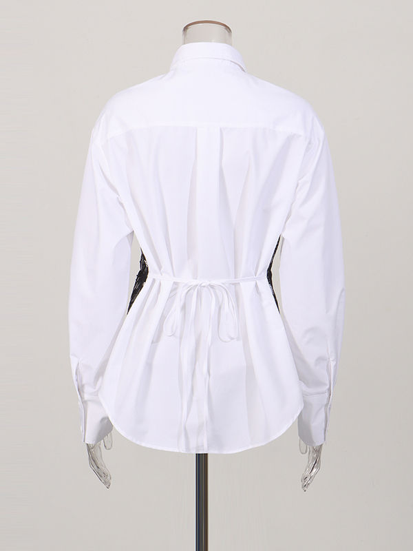 TWOTWINSTYLE Lapel Colorblock Spliced Lace Temperament Shirt