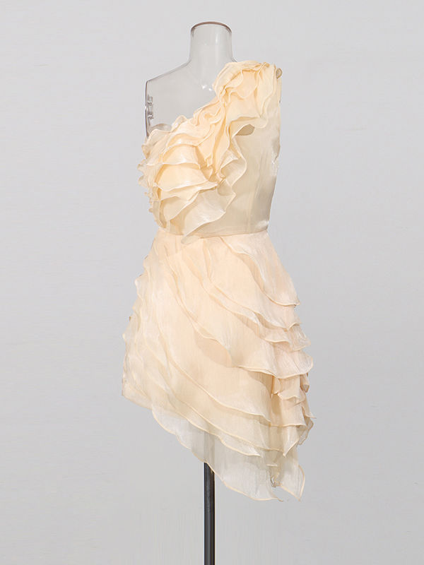 TWOTWINSTYLE Off One Shoulder Patchwork Ruffles Irregular Hem Designer Dress