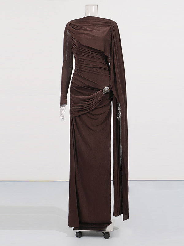 TWOTWINSTYLE Solid Round Neck Patchwork Lace Up Slimming Dress - BROWN