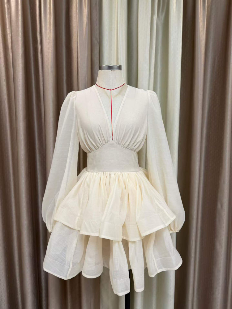 TWOTWINSTYLE Deep V Neck Long Sleeve Tunic Vintage Dress