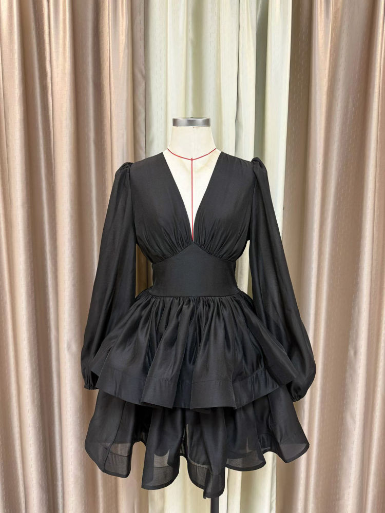 TWOTWINSTYLE Deep V Neck Long Sleeve Tunic Vintage Dress