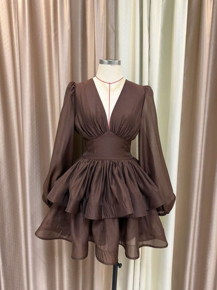 TWOTWINSTYLE Deep V Neck Long Sleeve Tunic Vintage Dress