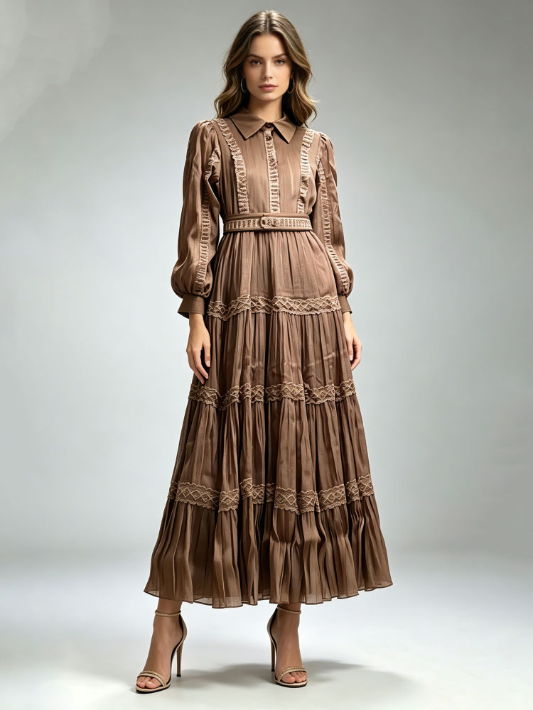 TWOTWINSTYLE Lapel Patchwork Lace Up Vintage Dress